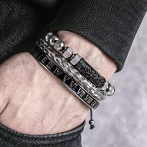Men's Urban Stackable Bracelet Set | Black & Silver Roman Numeral Design - Code 1021