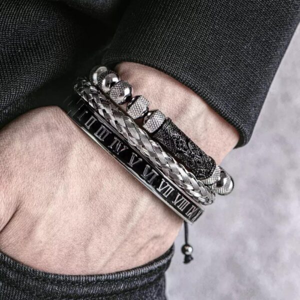 Men's Urban Stackable Bracelet Set | Black & Silver Roman Numeral Design - Code 1021
