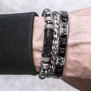 Men's Urban Stackable Bracelet Set | Black & Silver Roman Numeral Design - Code 1021 - Image 2