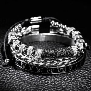 Men's Urban Stackable Bracelet Set | Black & Silver Roman Numeral Design - Code 1021 - Image 3